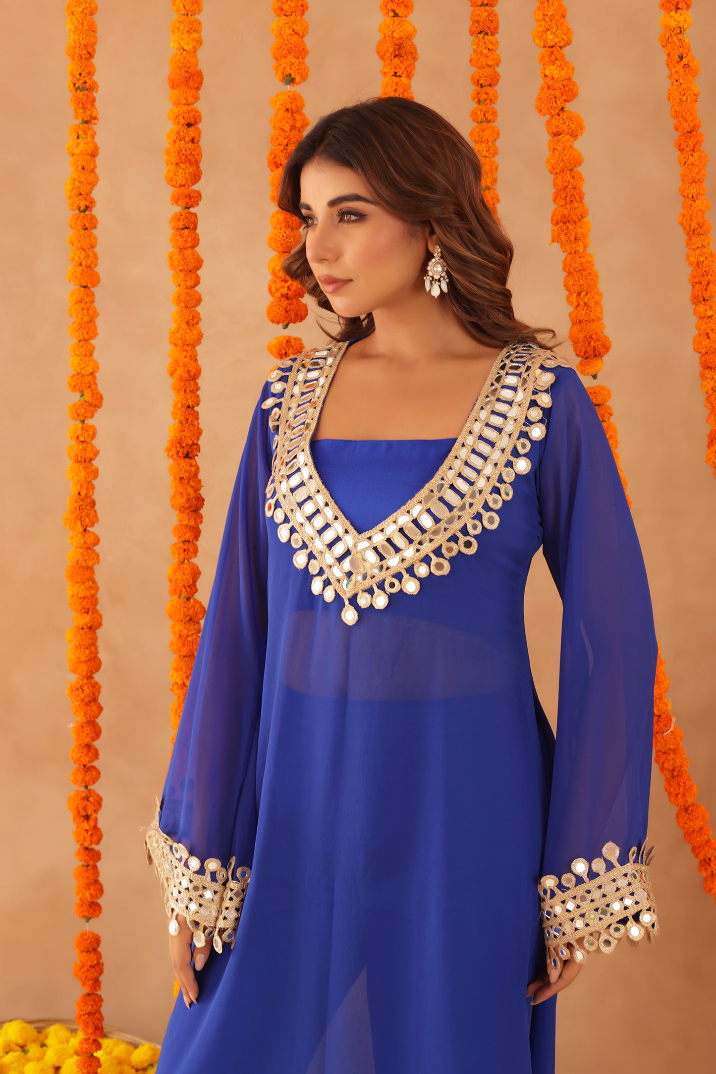 MOUSMI ROYAL BLUE MIRROR LACE WORK FUSION SET