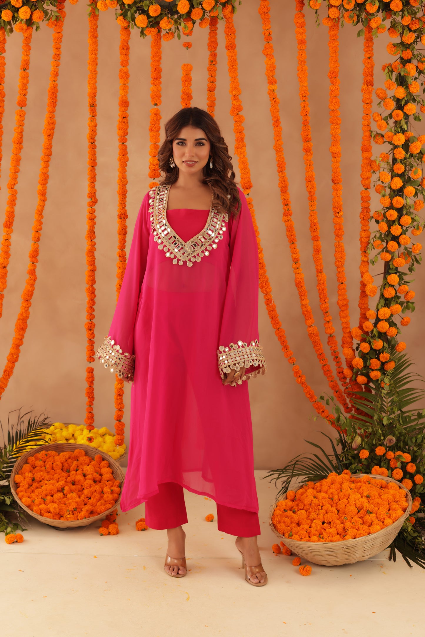 KETAKI PINK MIRROR LACE WORK FUSION SET