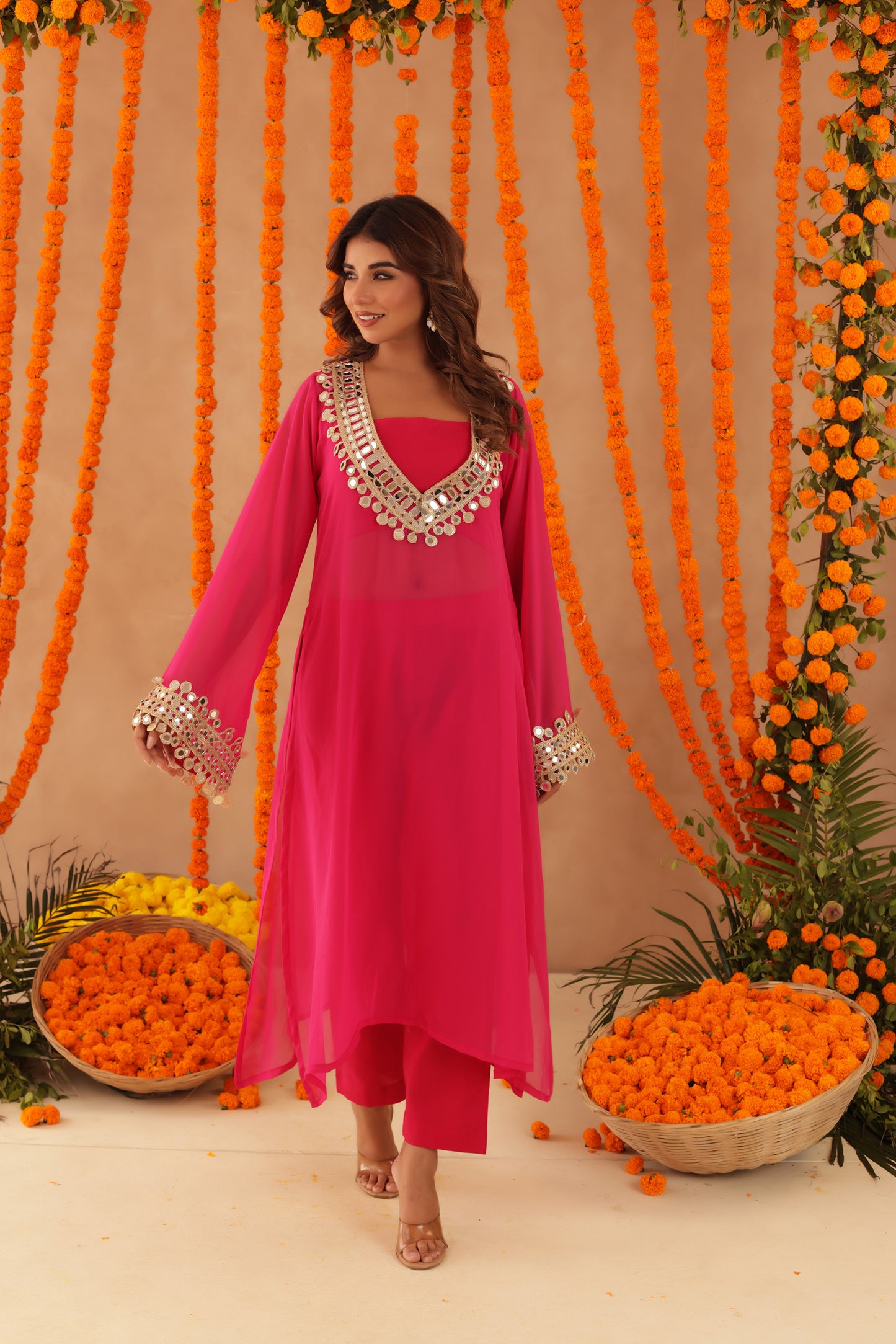 KETAKI PINK MIRROR LACE WORK FUSION SET
