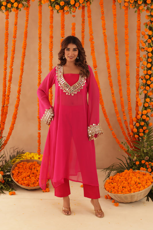 KETAKI PINK MIRROR LACE WORK FUSION SET