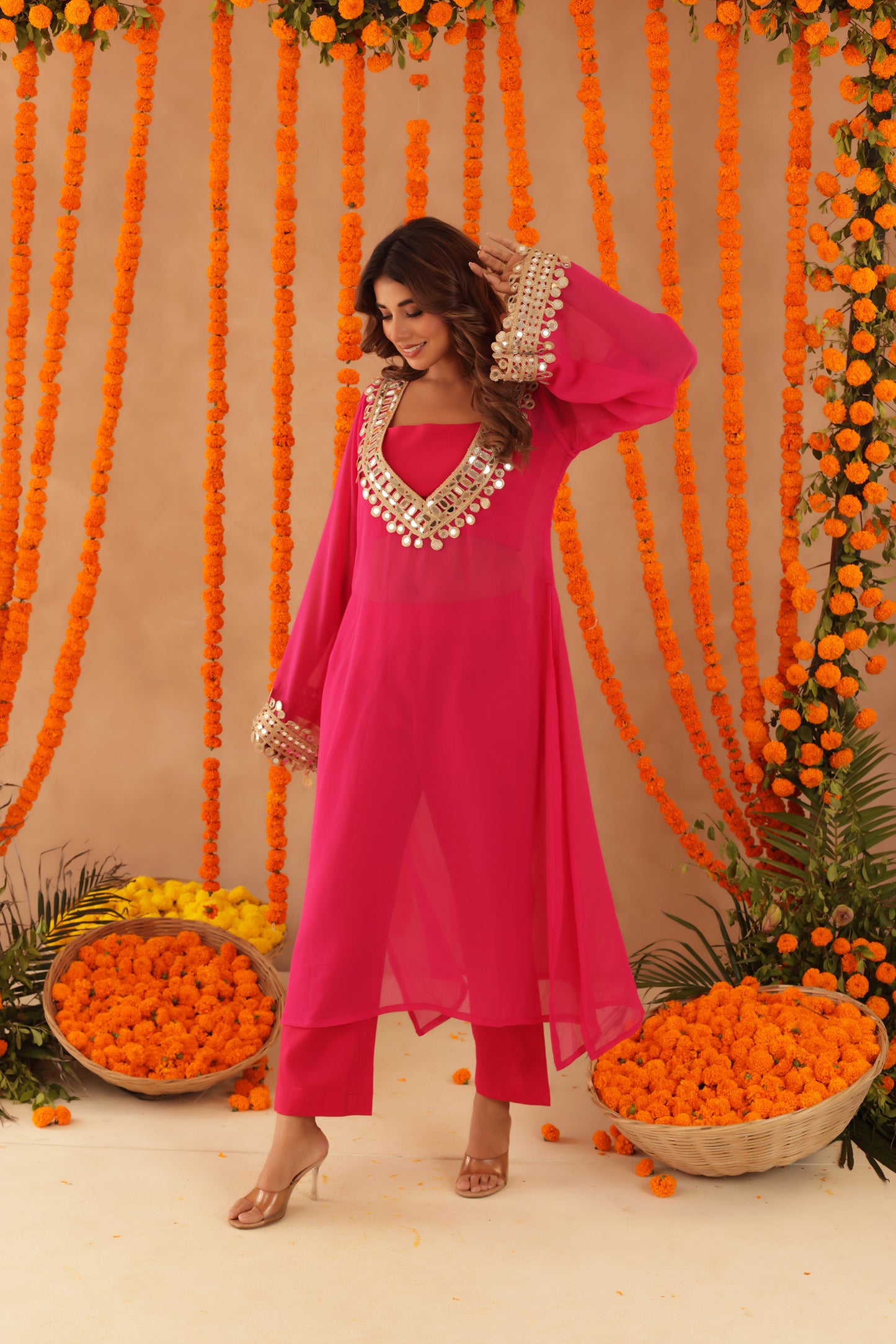 KETAKI PINK MIRROR LACE WORK FUSION SET