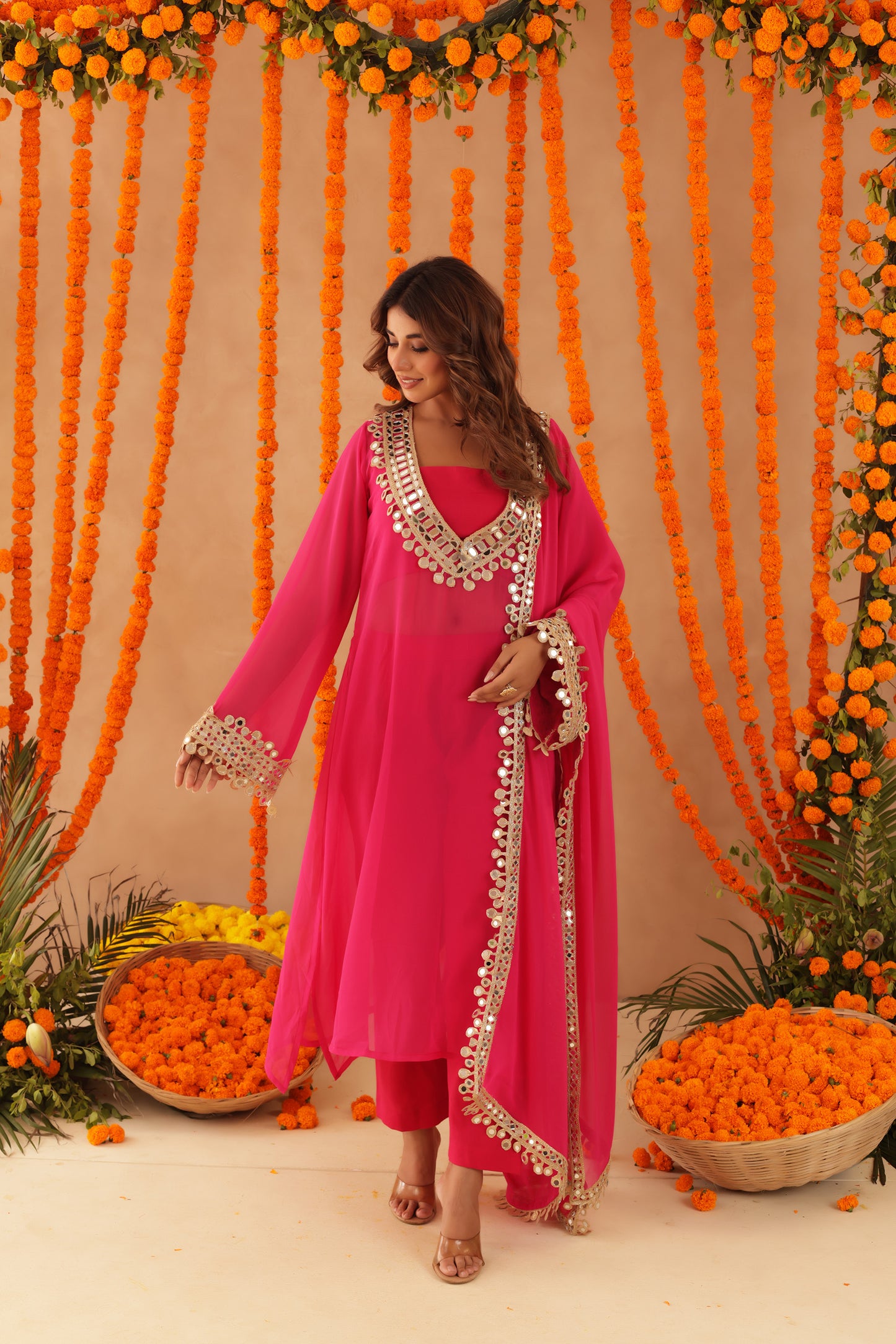 KETAKI PINK MIRROR LACE WORK FUSION SET