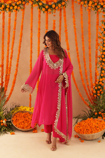 KETAKI PINK MIRROR LACE WORK FUSION SET