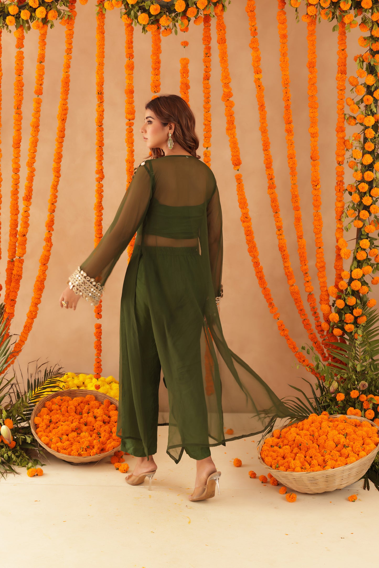 NIDA GREEN MIRROR LACE WORK FUSION SET