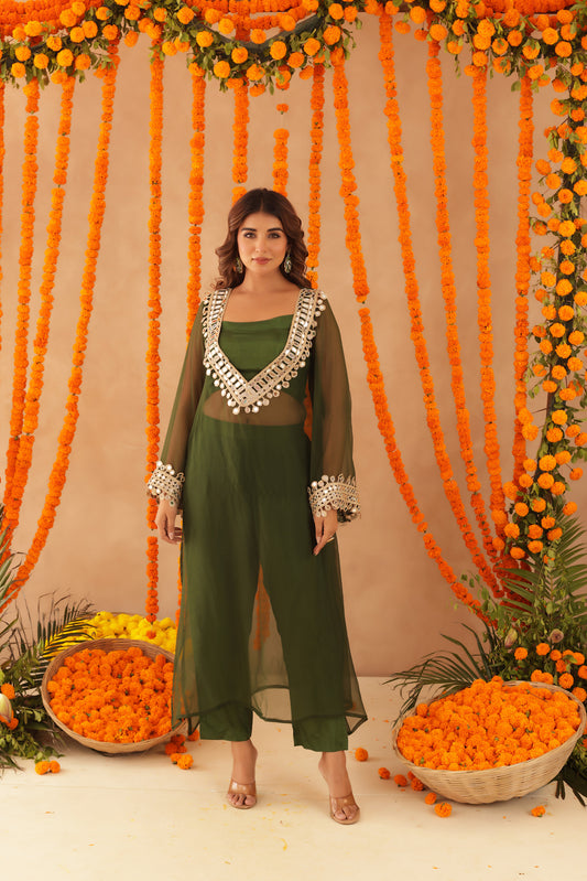 NIDA GREEN MIRROR LACE WORK FUSION SET