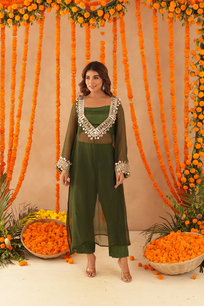 NIDA GREEN MIRROR LACE WORK FUSION SET