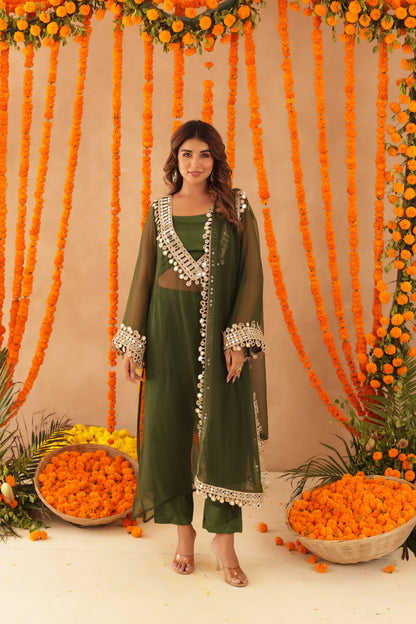 NIDA GREEN MIRROR LACE WORK FUSION SET