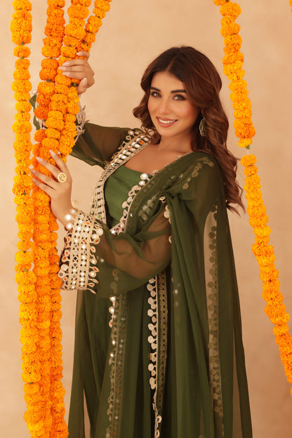 NIDA GREEN MIRROR LACE WORK FUSION SET