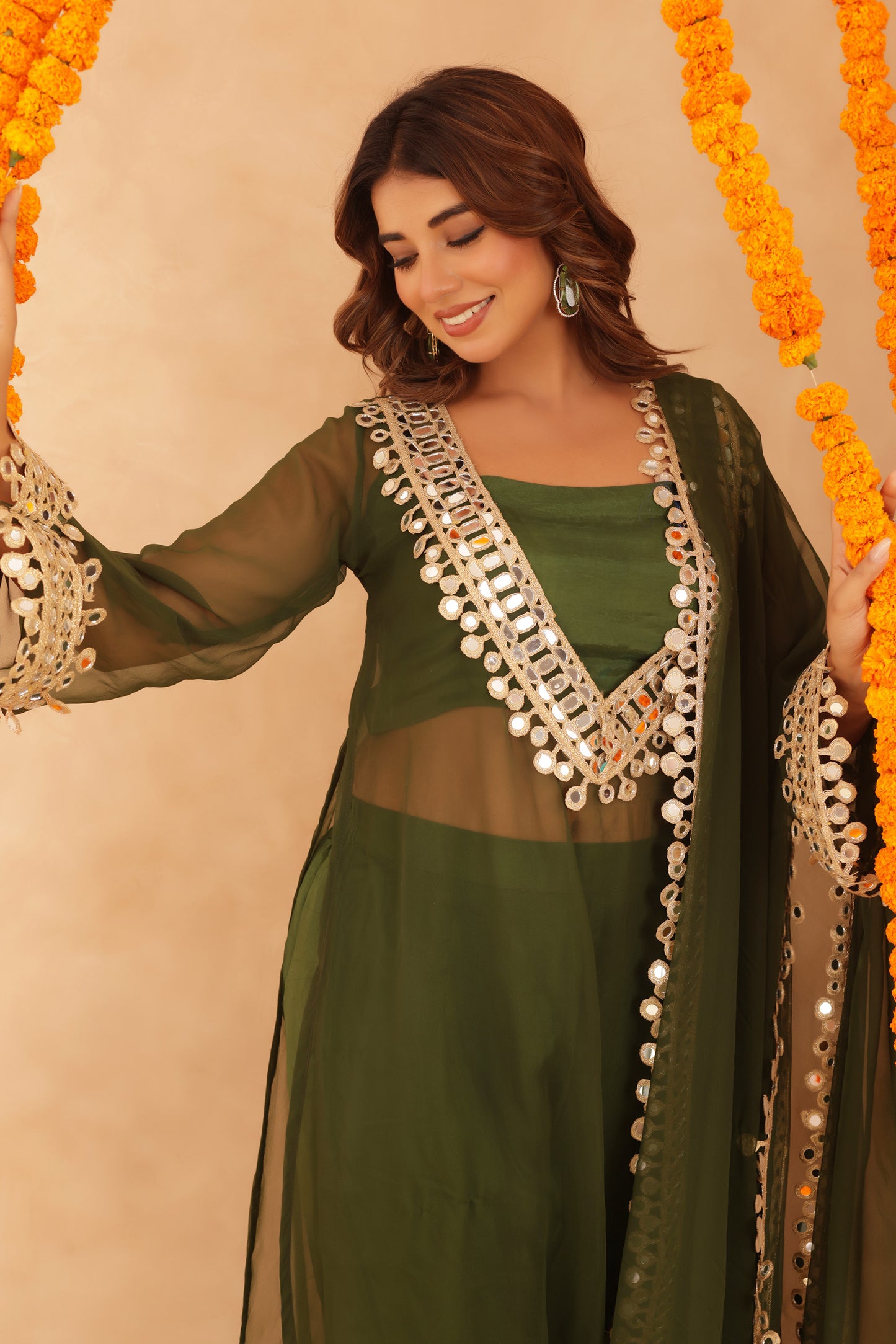 NIDA GREEN MIRROR LACE WORK FUSION SET