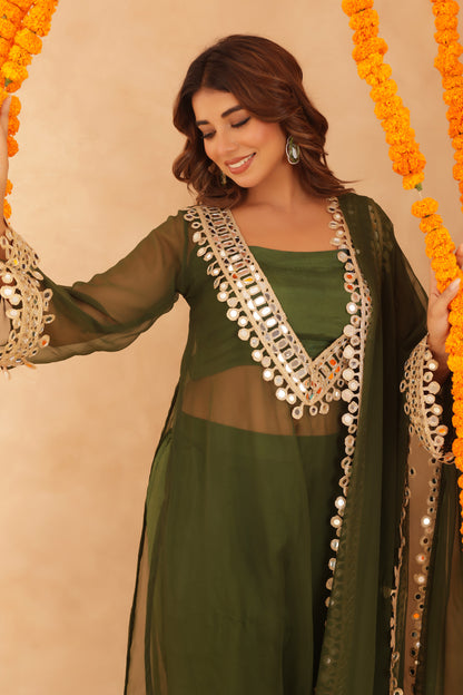 NIDA GREEN MIRROR LACE WORK FUSION SET