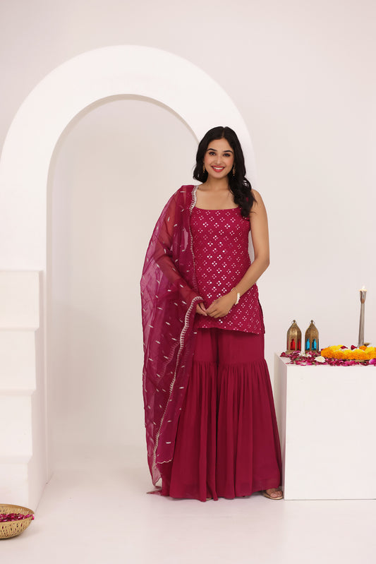 NORA CHERRY PINK CHIKANKARI SHARARA SET