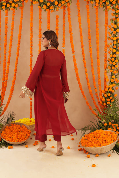 NETRA RED MIRROR LACE WORK FUSION SET