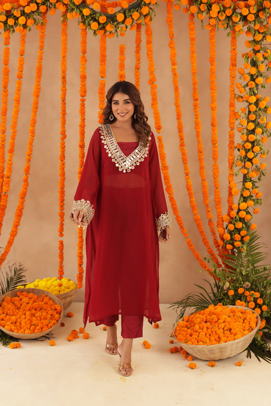 NETRA RED MIRROR LACE WORK FUSION SET