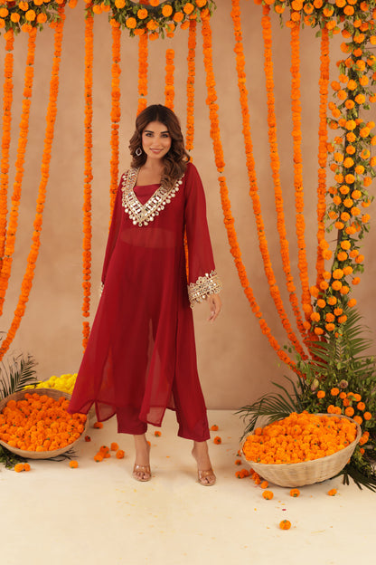 NETRA RED MIRROR LACE WORK FUSION SET