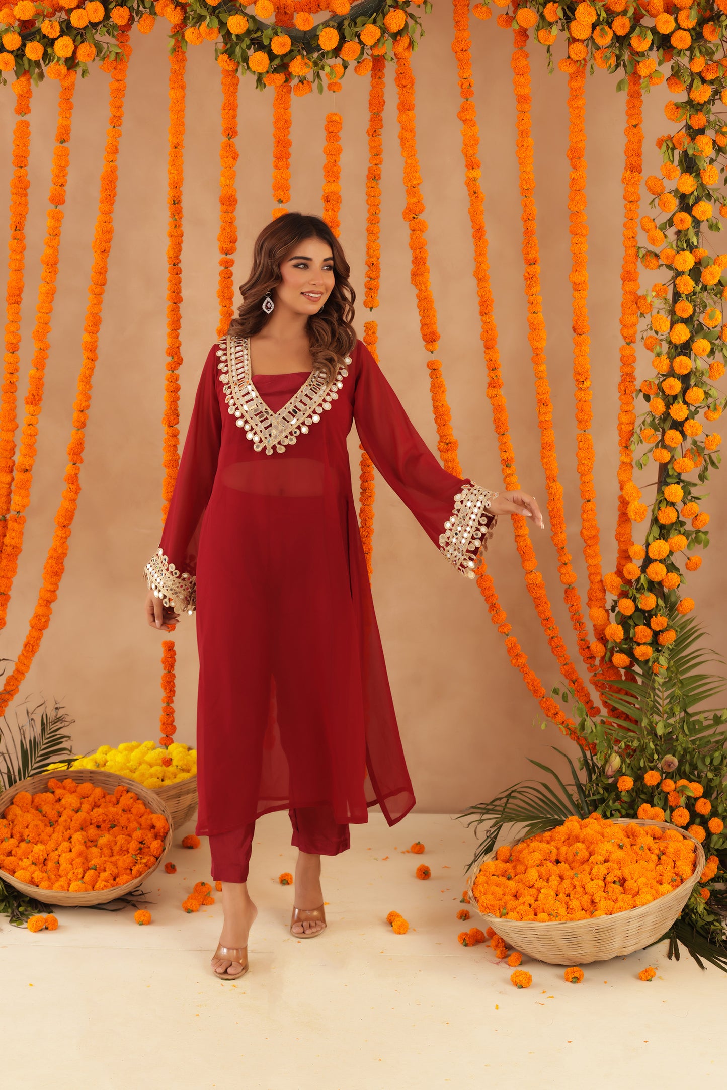 NETRA RED MIRROR LACE WORK FUSION SET