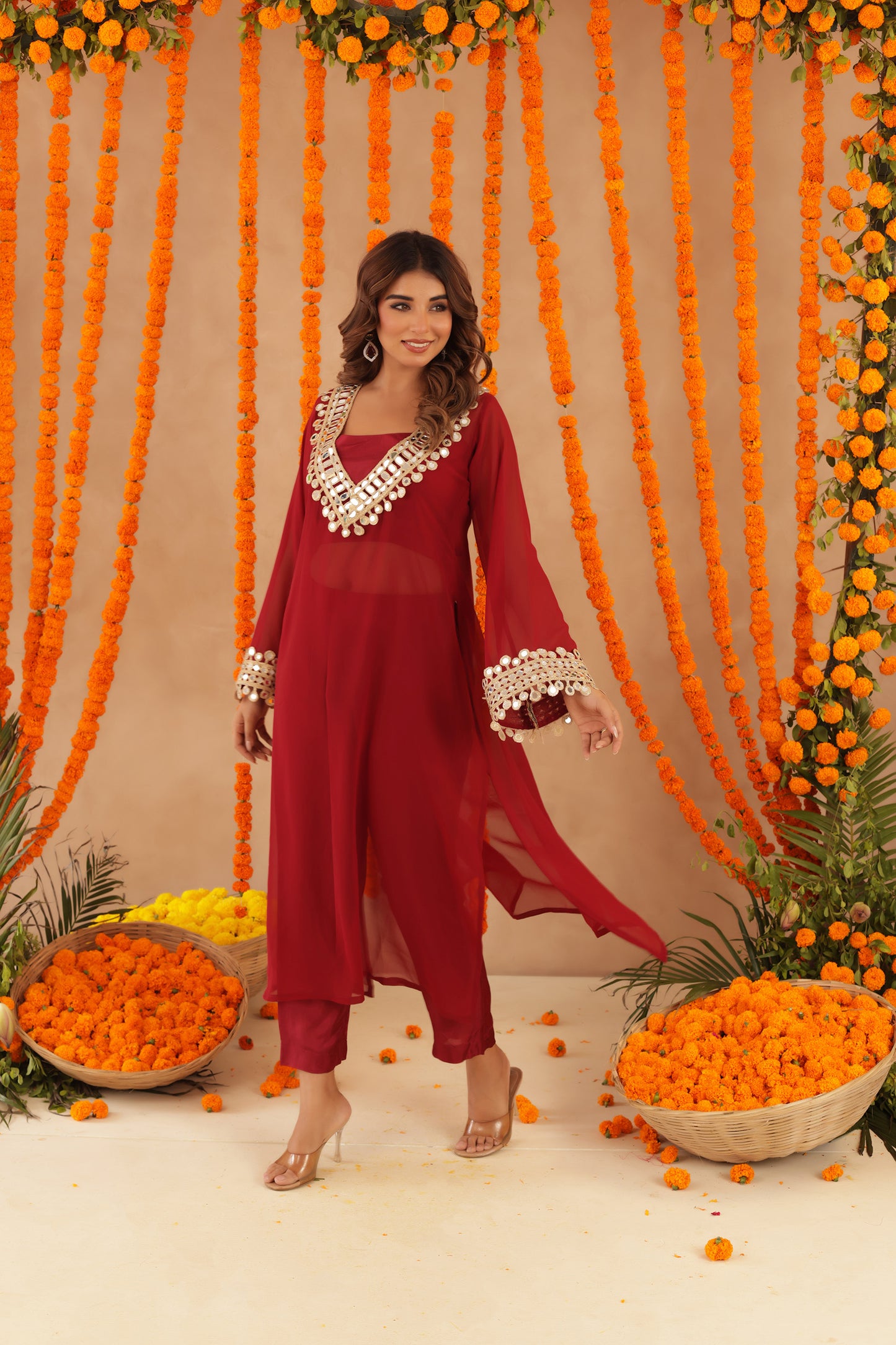 NETRA RED MIRROR LACE WORK FUSION SET