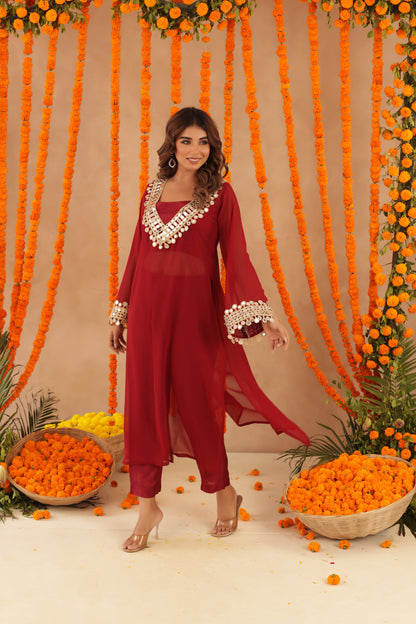 NETRA RED MIRROR LACE WORK FUSION SET