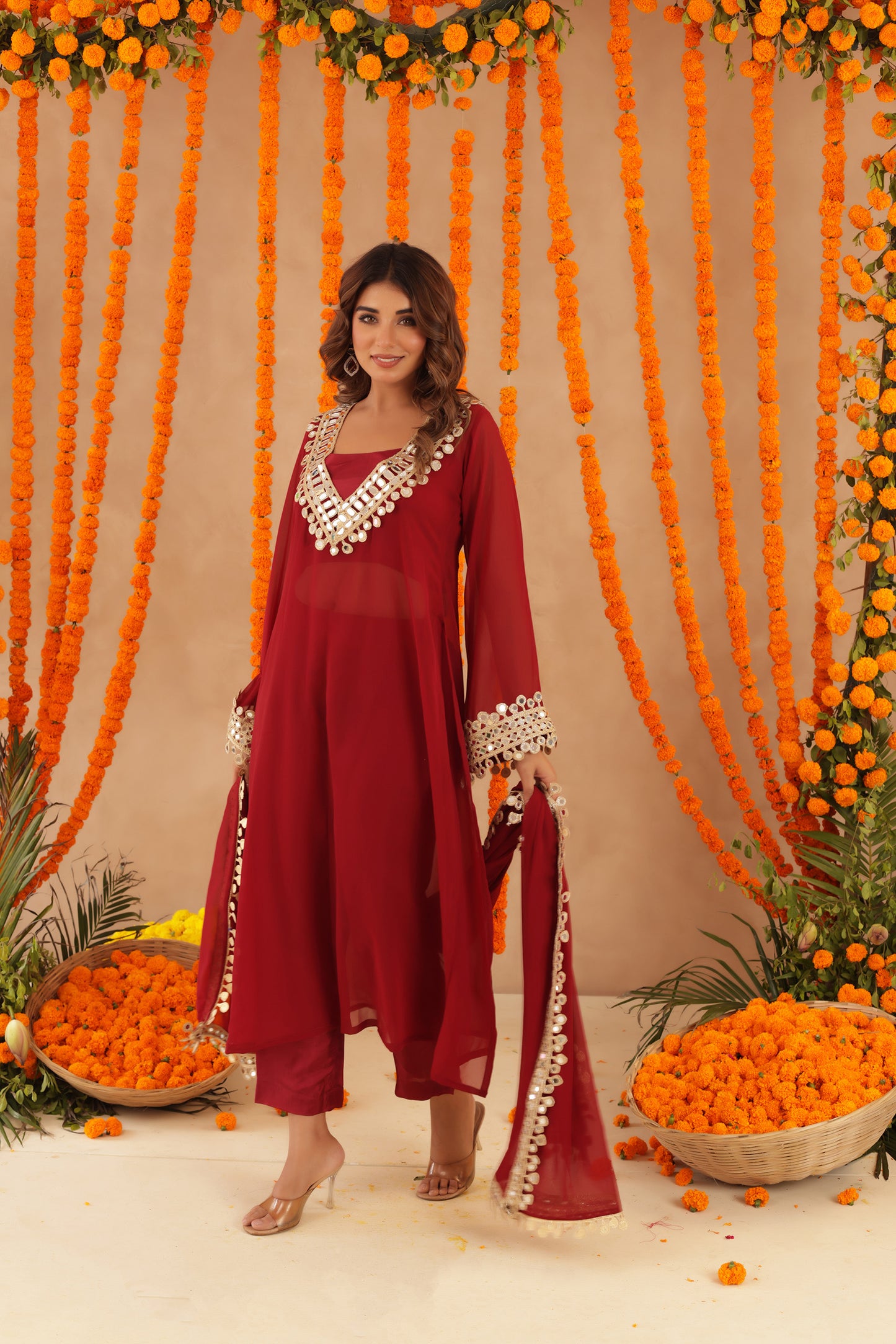 NETRA RED MIRROR LACE WORK FUSION SET