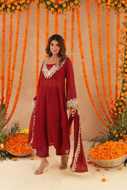 NETRA RED MIRROR LACE WORK FUSION SET