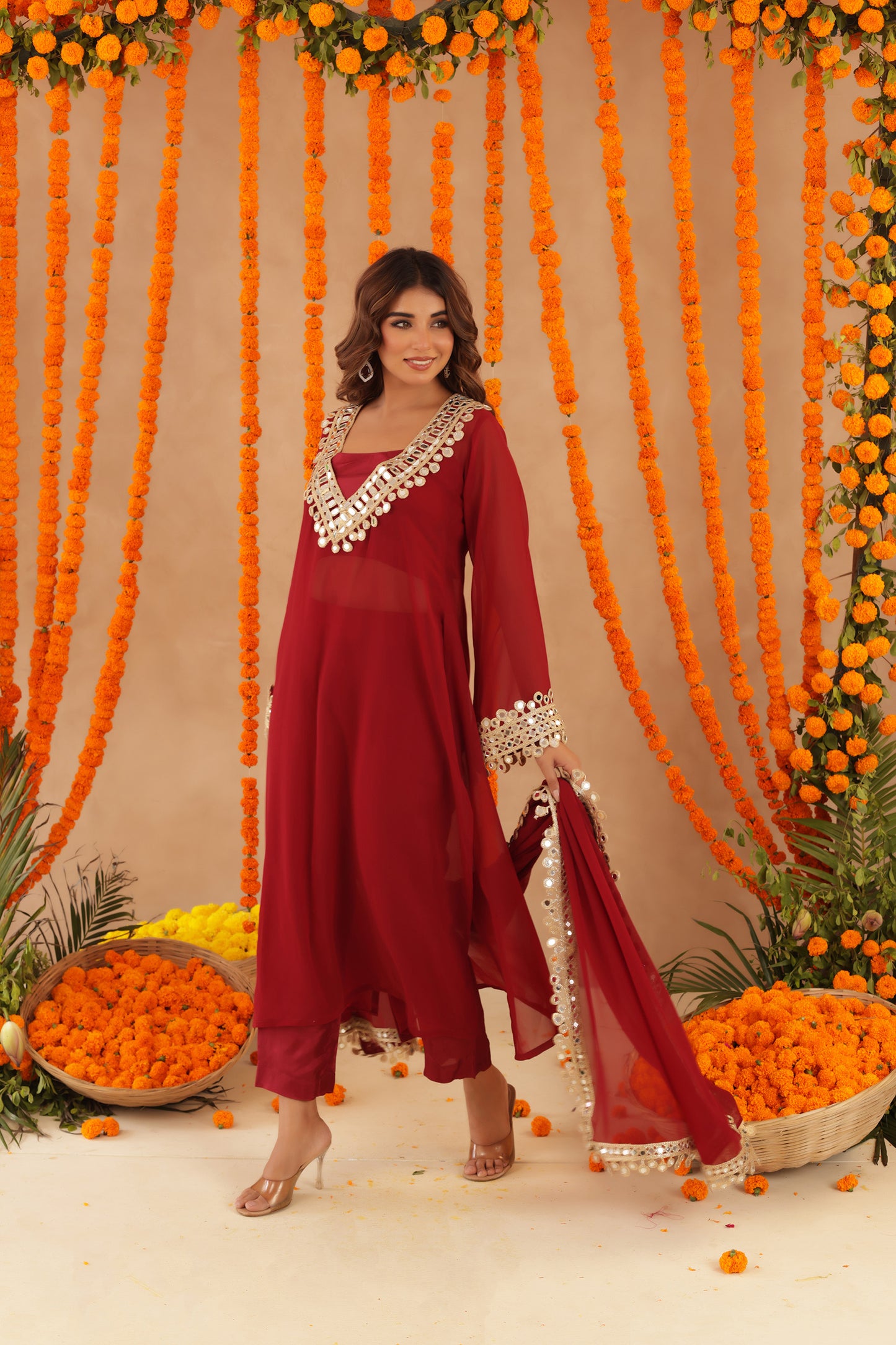 NETRA RED MIRROR LACE WORK FUSION SET