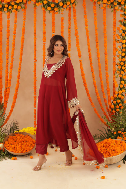 NETRA RED MIRROR LACE WORK FUSION SET