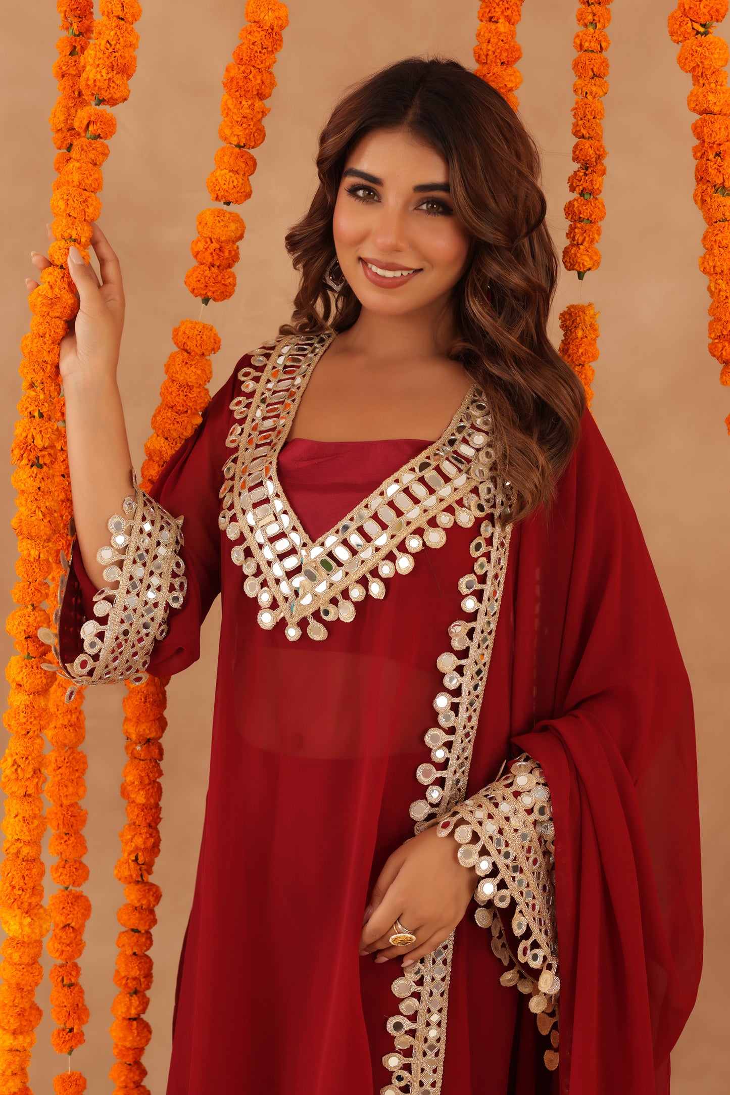 NETRA RED MIRROR LACE WORK FUSION SET