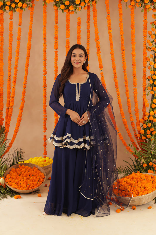 HUMA NAVY BLUE SHARARA SET