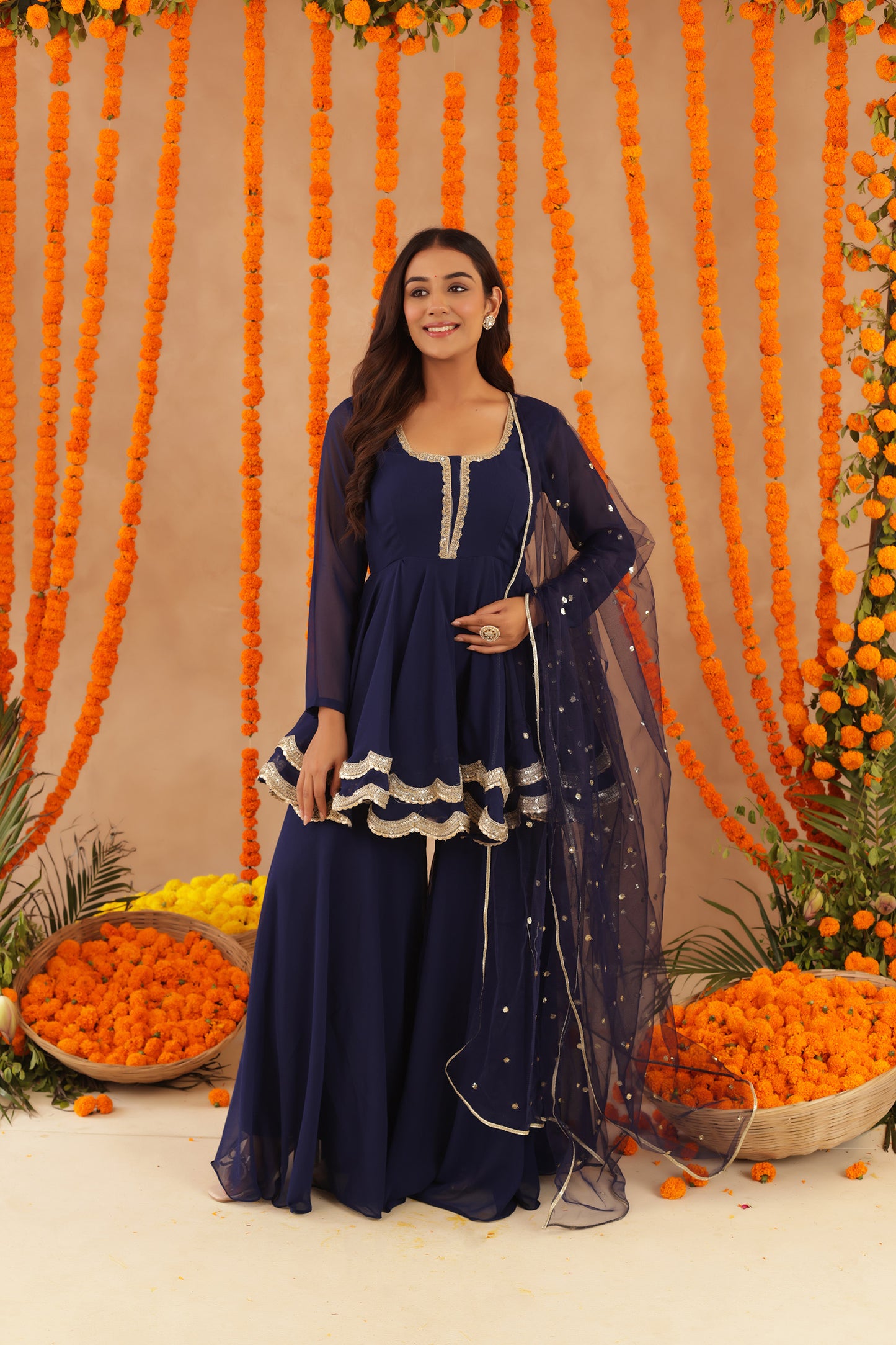 HUMA NAVY BLUE SHARARA SET
