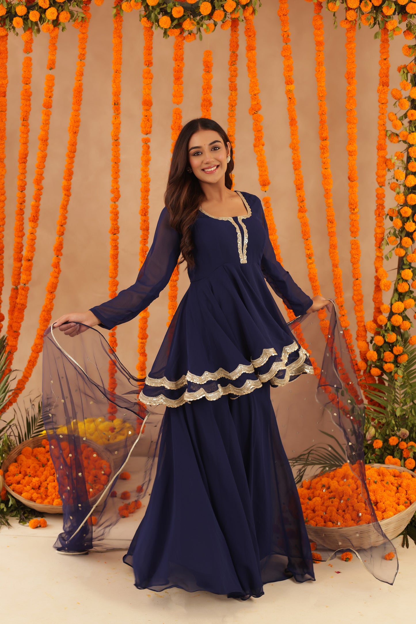 HUMA NAVY BLUE SHARARA SET