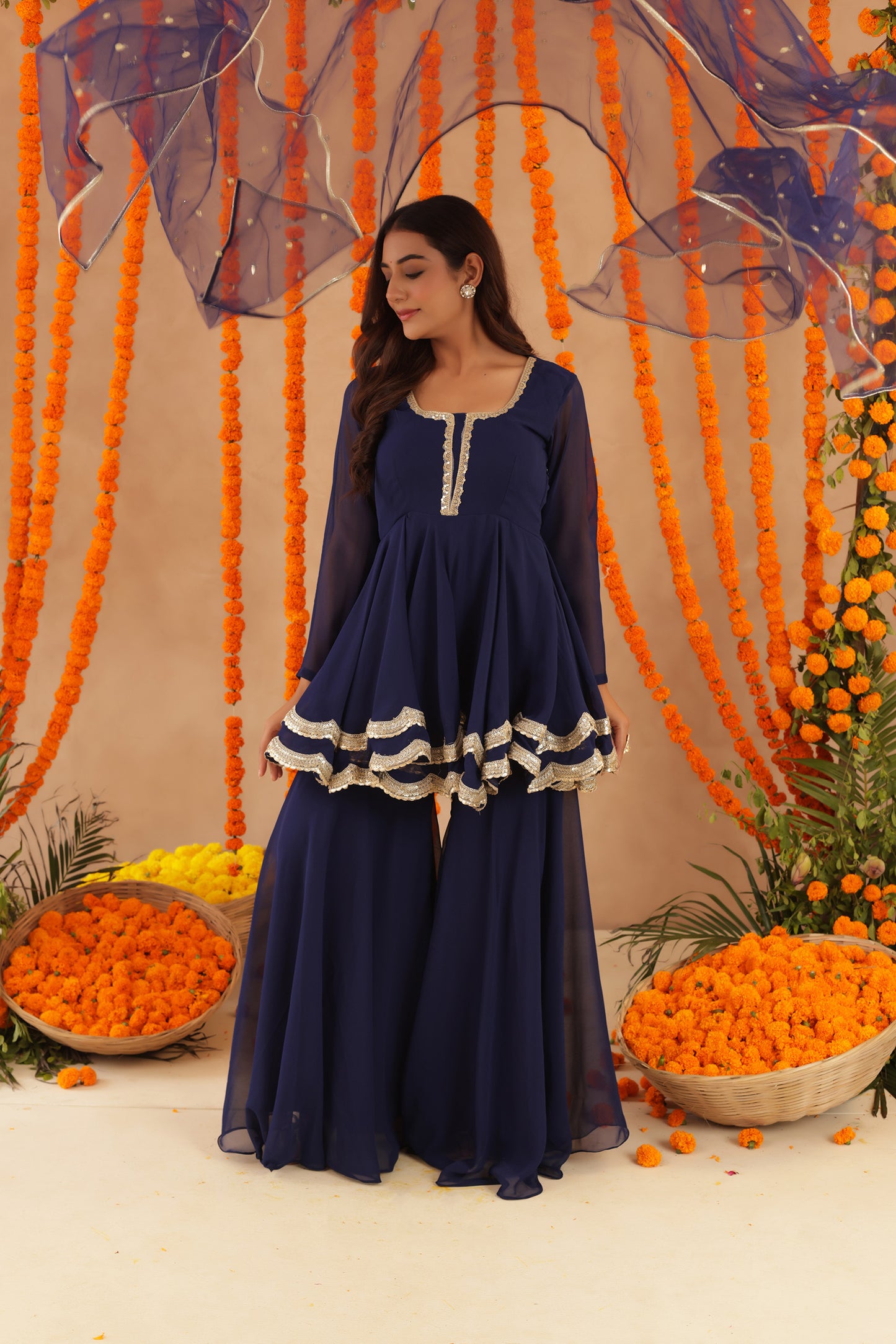HUMA NAVY BLUE SHARARA SET