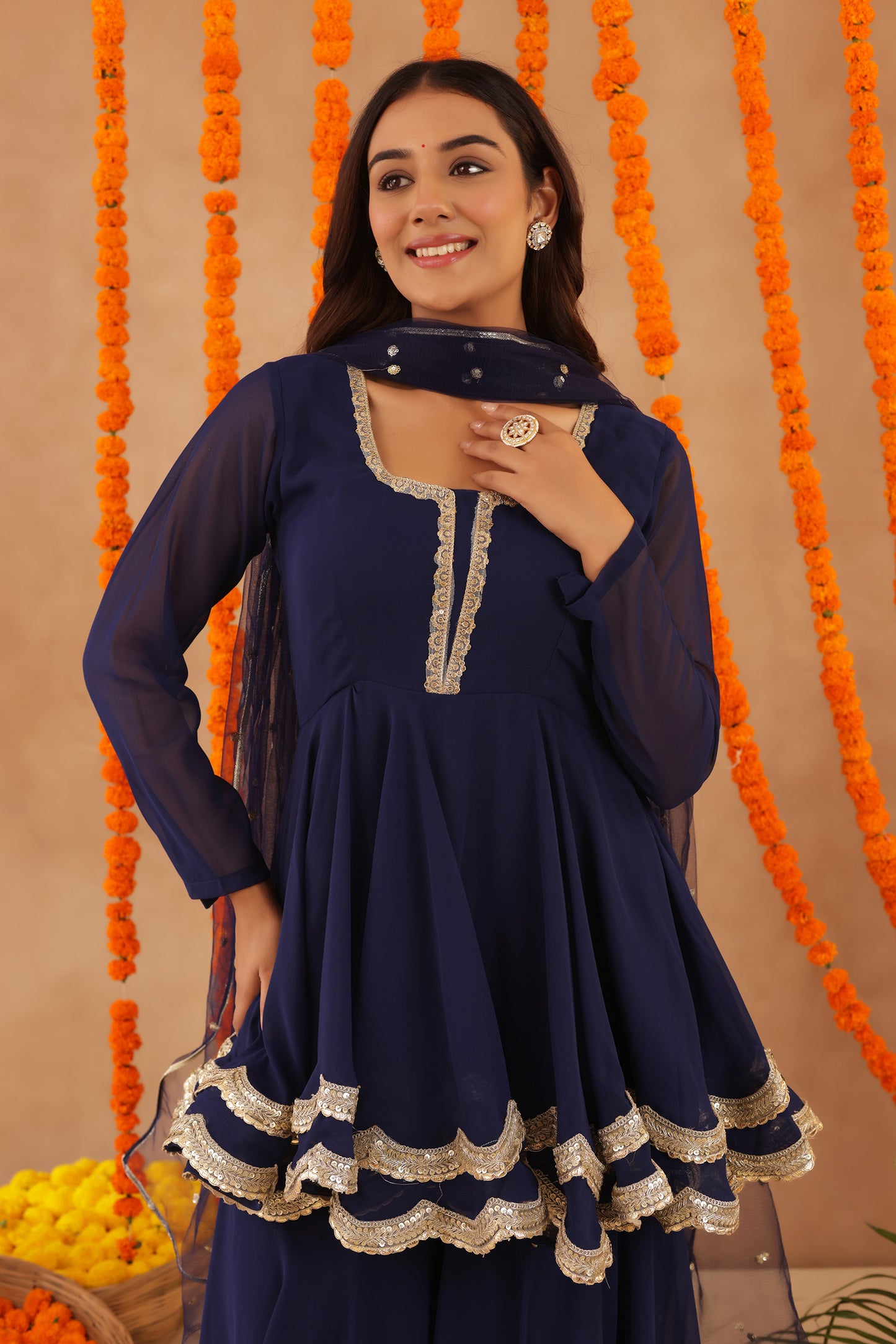 HUMA NAVY BLUE SHARARA SET