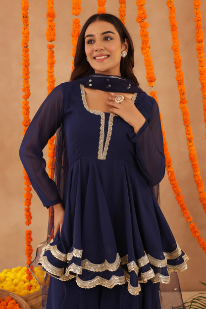 HUMA NAVY BLUE SHARARA SET