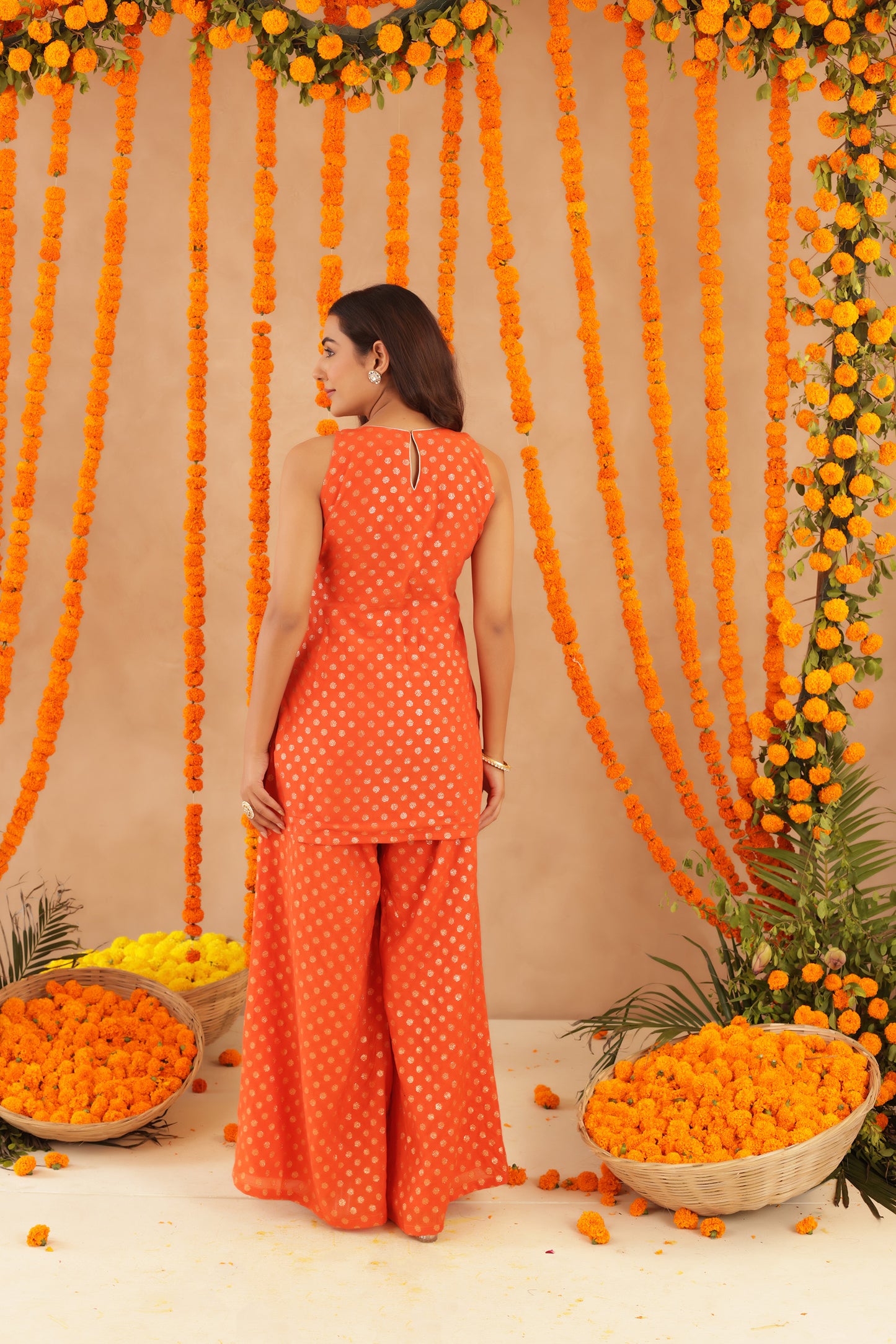 HIYA ORANGE SHORT DETAILED KURTI PALAZZO SET