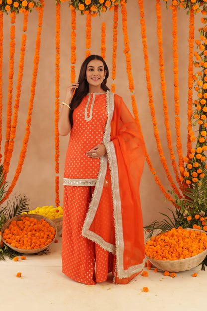 HIYA ORANGE SHORT DETAILED KURTI PALAZZO SET