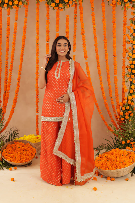 HIYA ORANGE SHORT DETAILED KURTI PALAZZO SET
