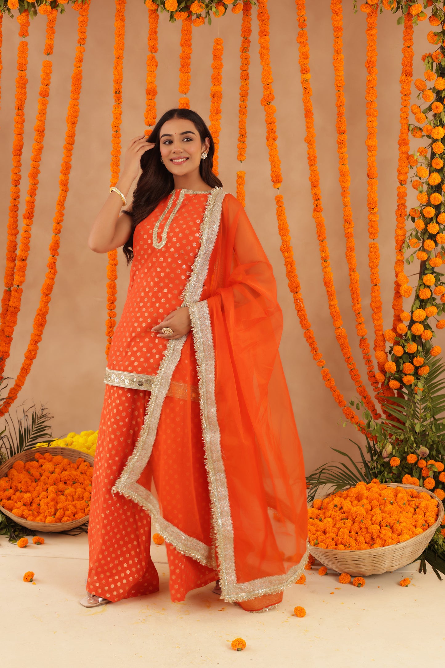 HIYA ORANGE SHORT DETAILED KURTI PALAZZO SET