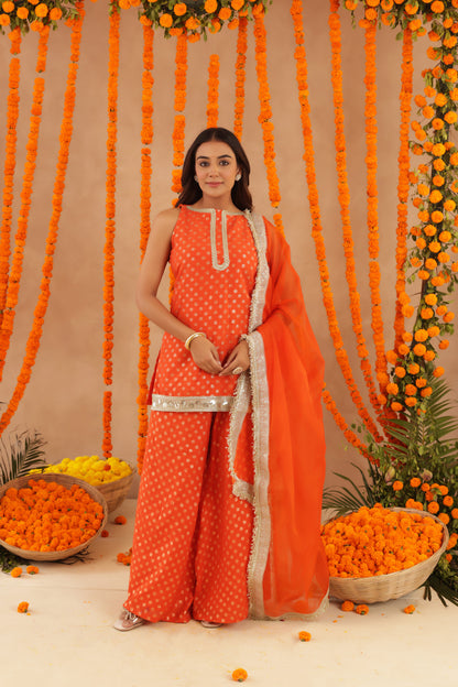 HIYA ORANGE SHORT DETAILED KURTI PALAZZO SET