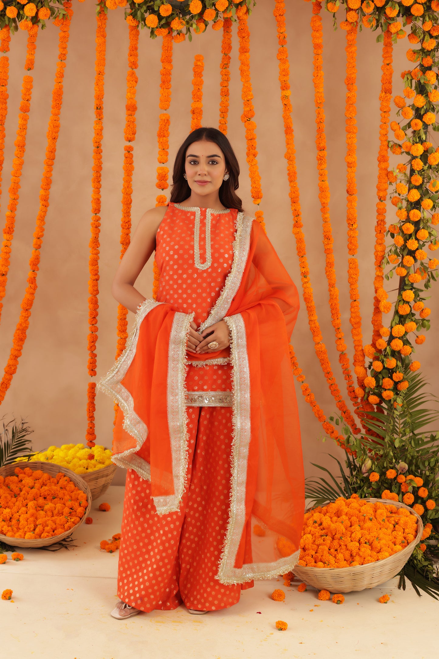 HIYA ORANGE SHORT DETAILED KURTI PALAZZO SET