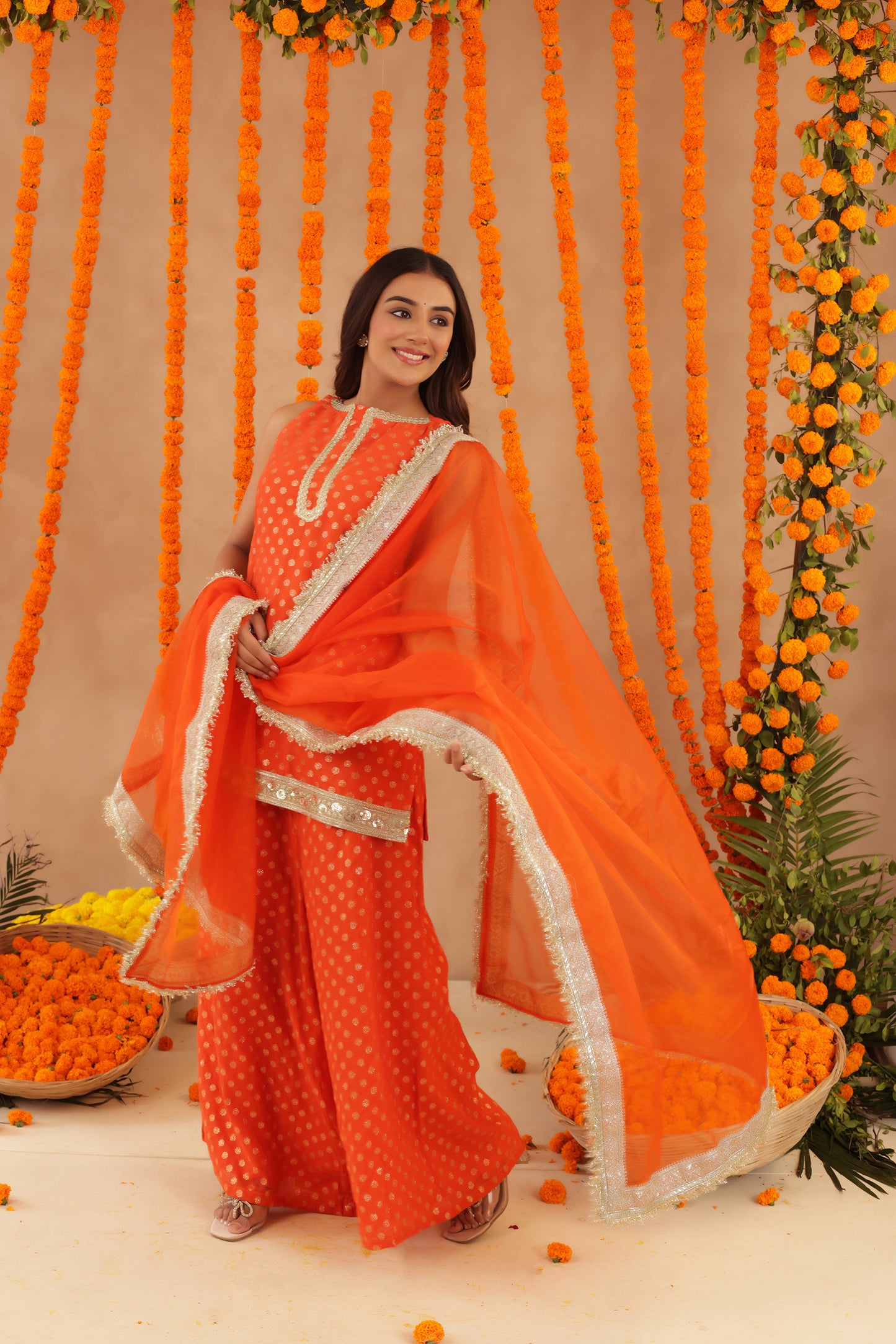 HIYA ORANGE SHORT DETAILED KURTI PALAZZO SET