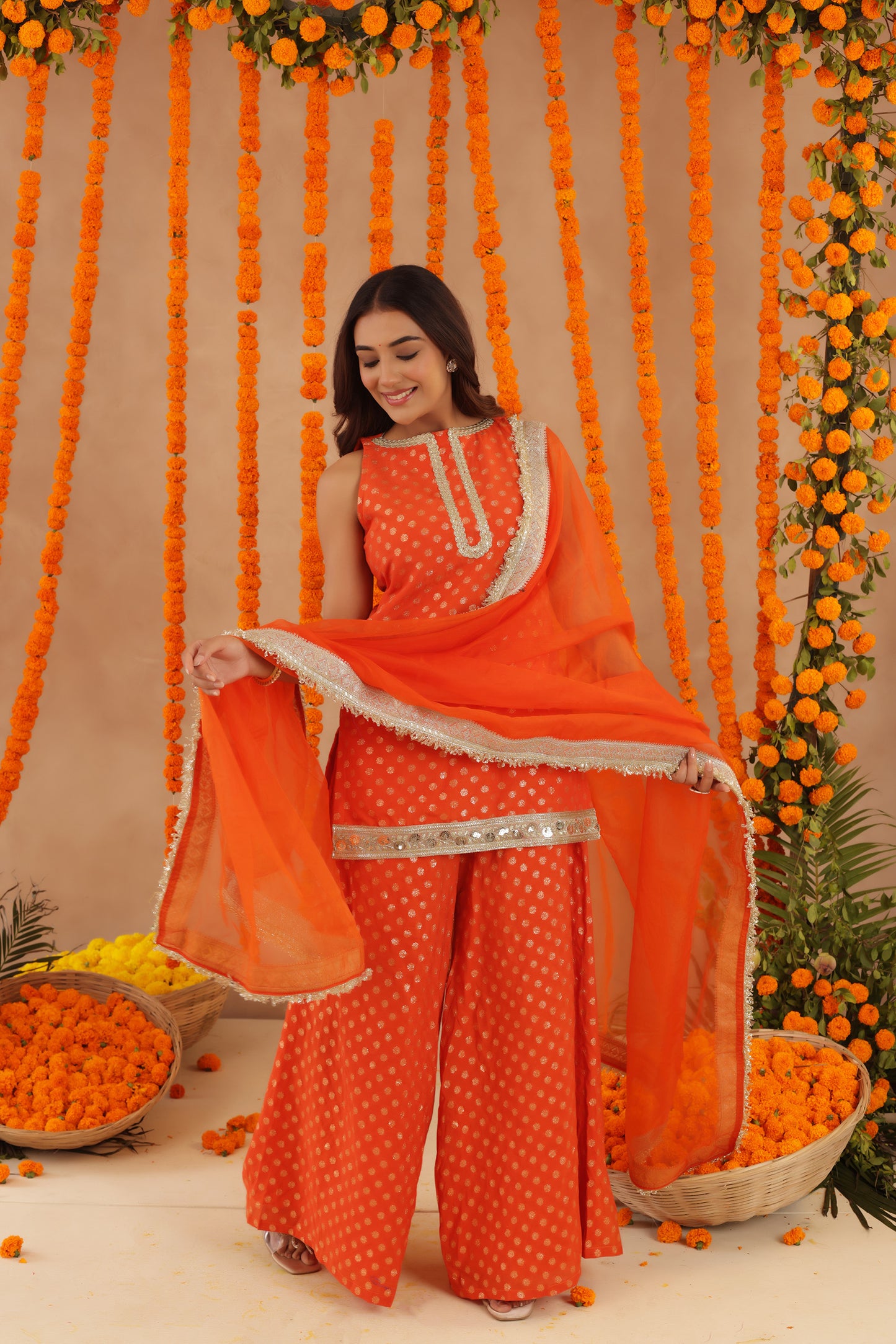 HIYA ORANGE SHORT DETAILED KURTI PALAZZO SET