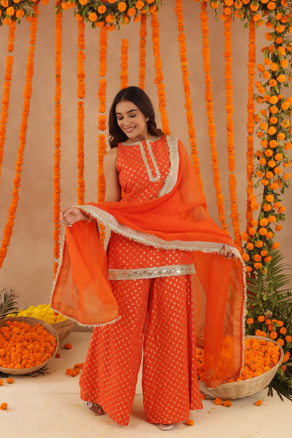 HIYA ORANGE SHORT DETAILED KURTI PALAZZO SET