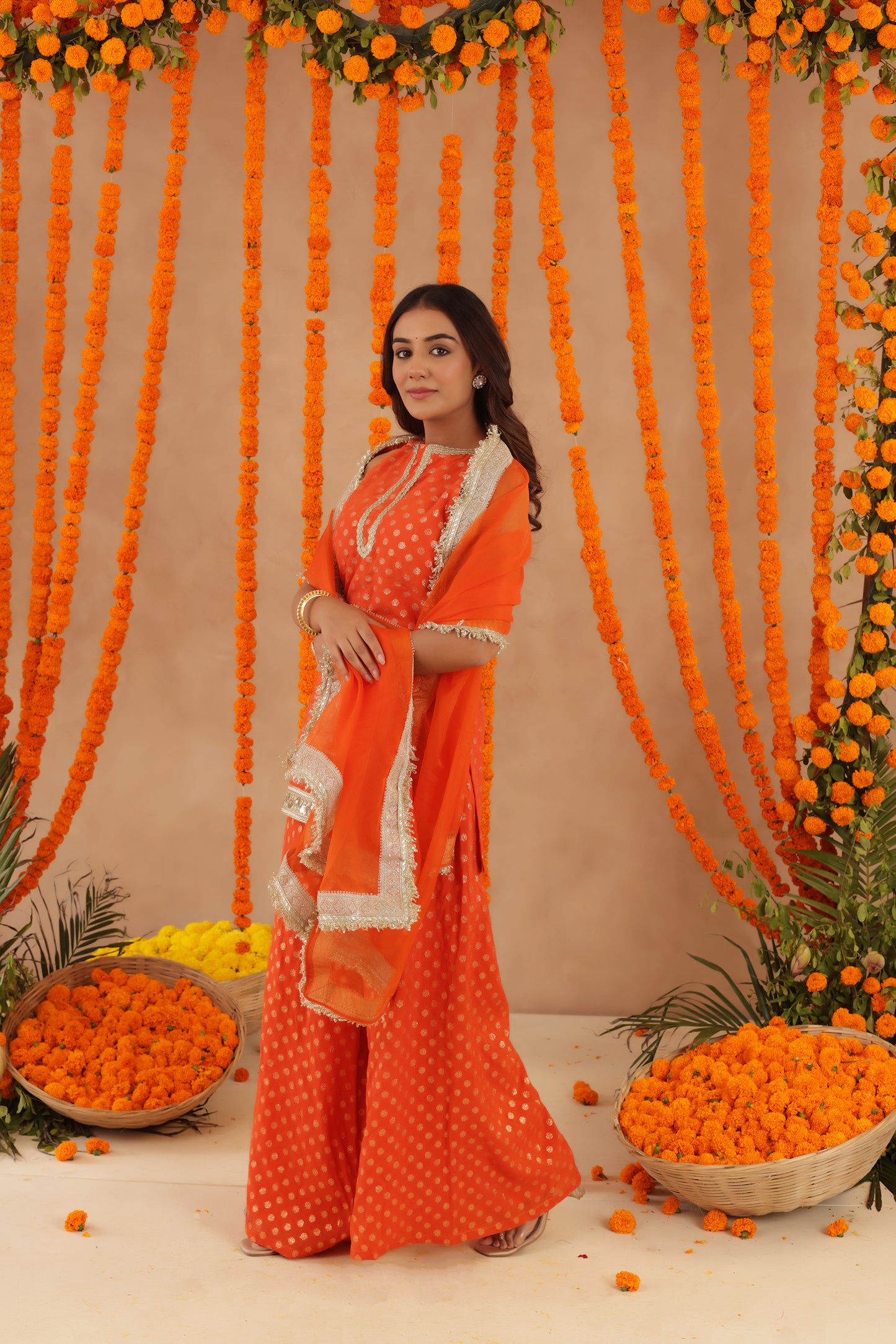 HIYA ORANGE SHORT DETAILED KURTI PALAZZO SET