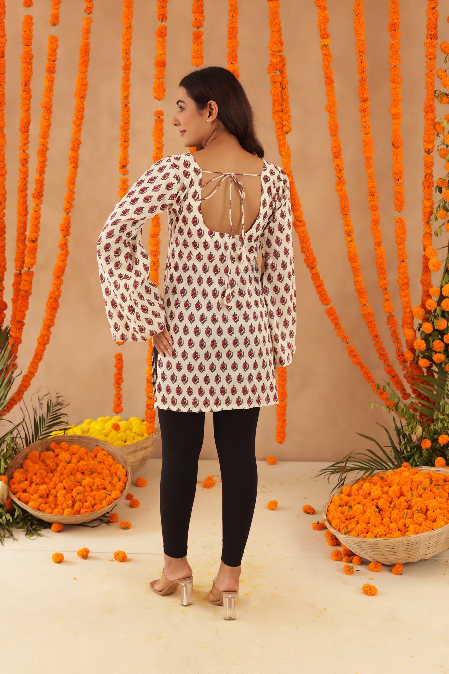 YAMIKA FLORAL COTTON BELL SLEEVES SHORT KURTI