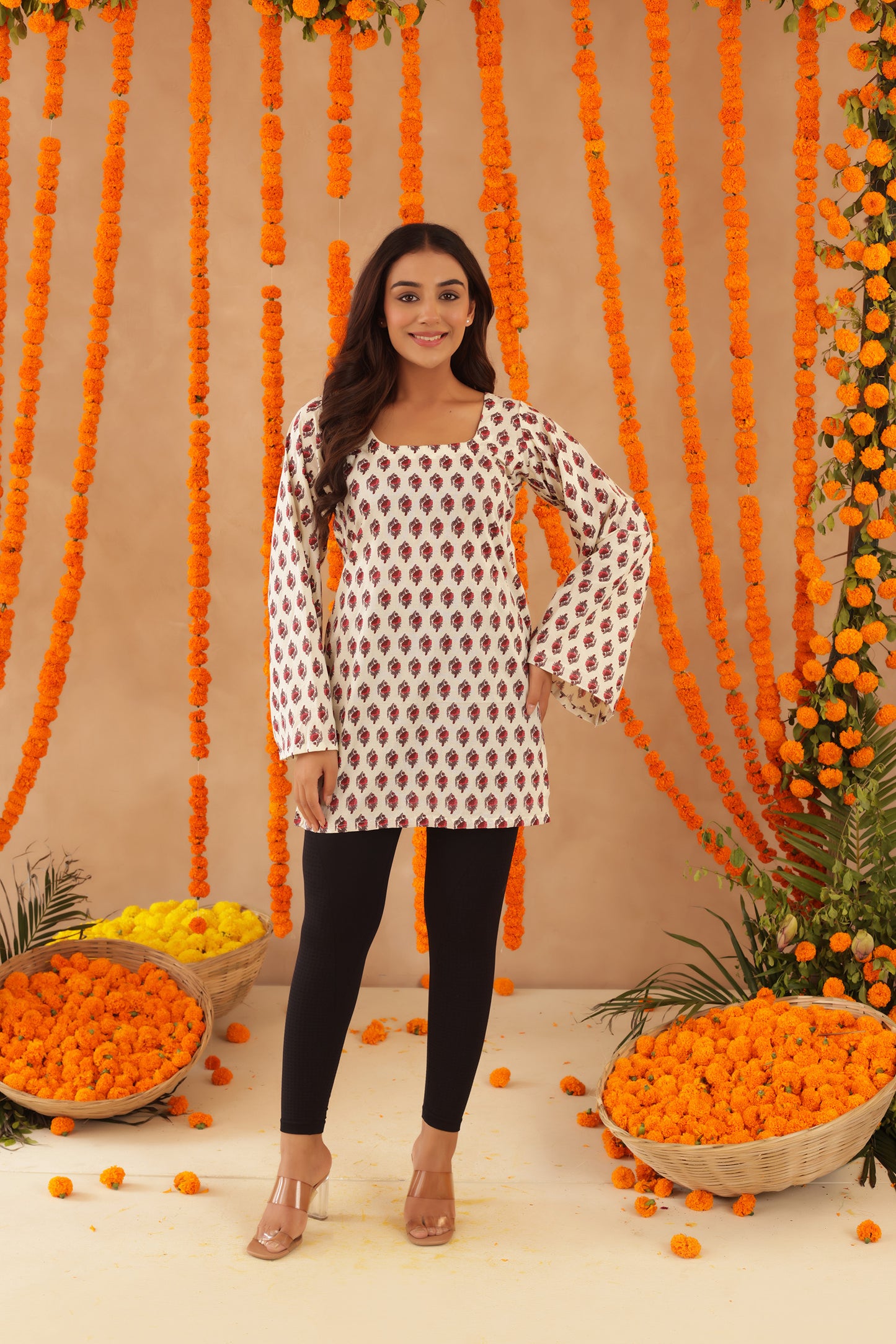 YAMIKA FLORAL COTTON BELL SLEEVES SHORT KURTI