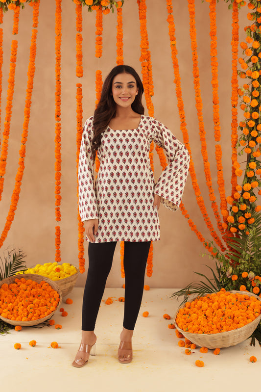 YAMIKA FLORAL COTTON BELL SLEEVES SHORT KURTI