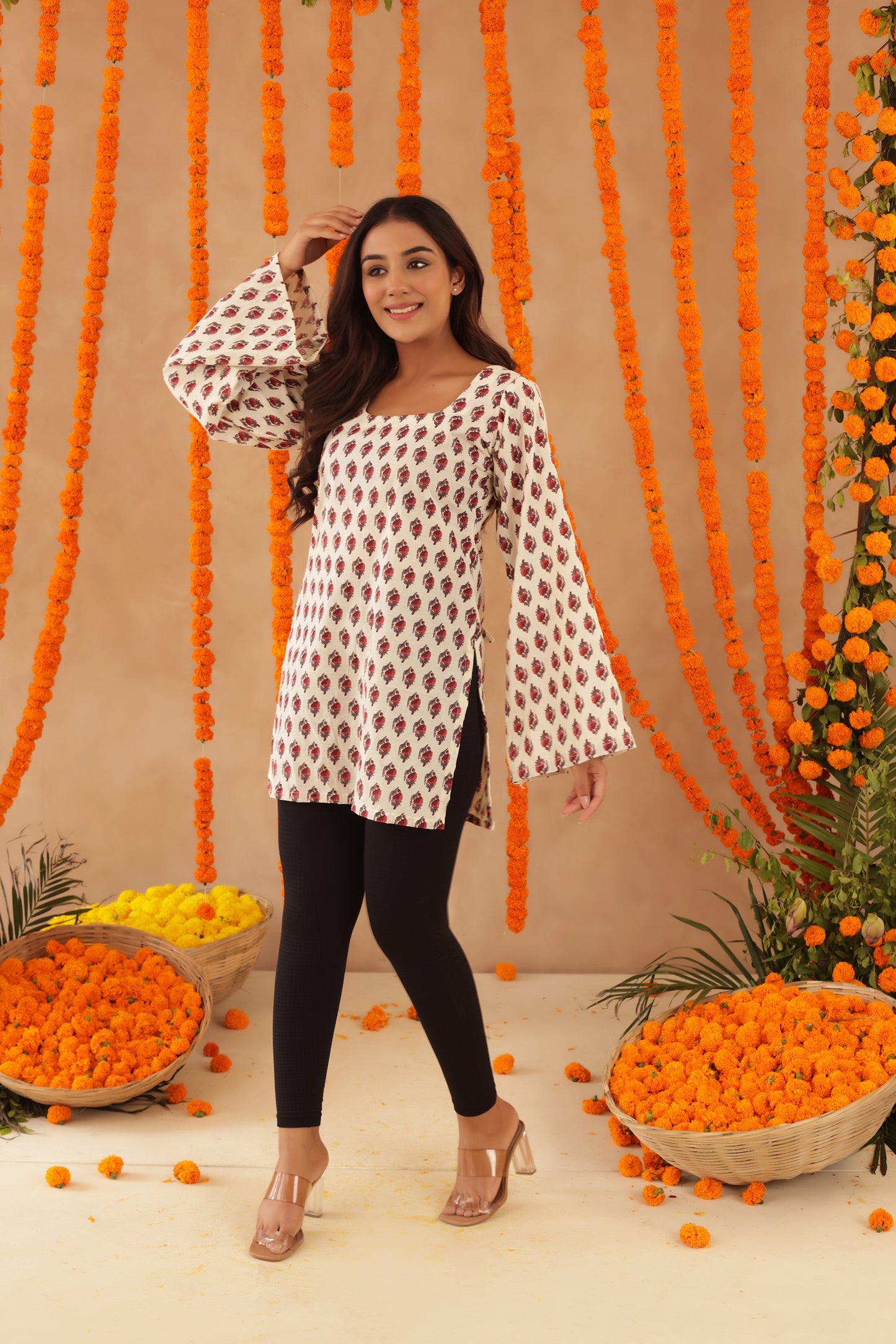 YAMIKA FLORAL COTTON BELL SLEEVES SHORT KURTI