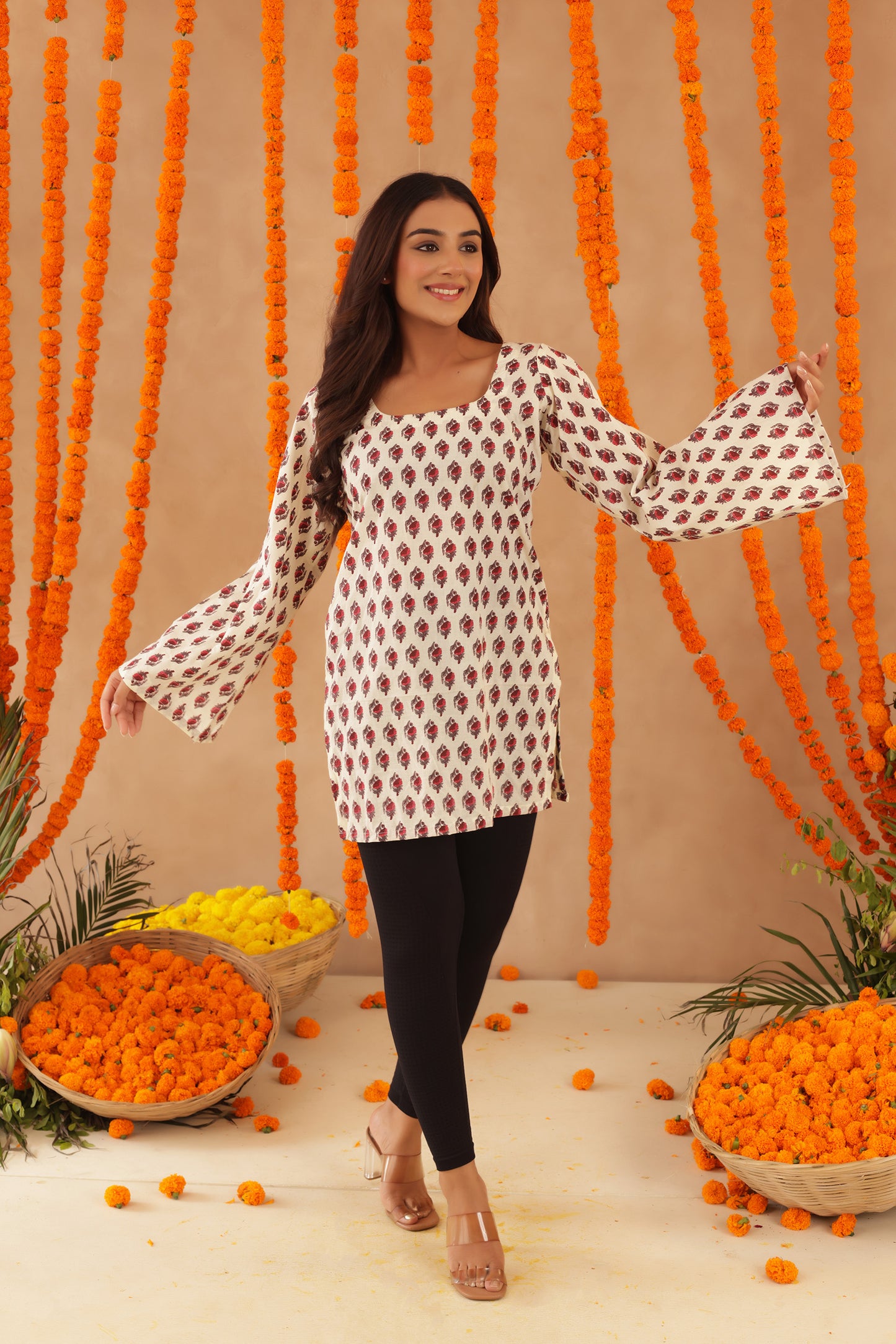 YAMIKA FLORAL COTTON BELL SLEEVES SHORT KURTI