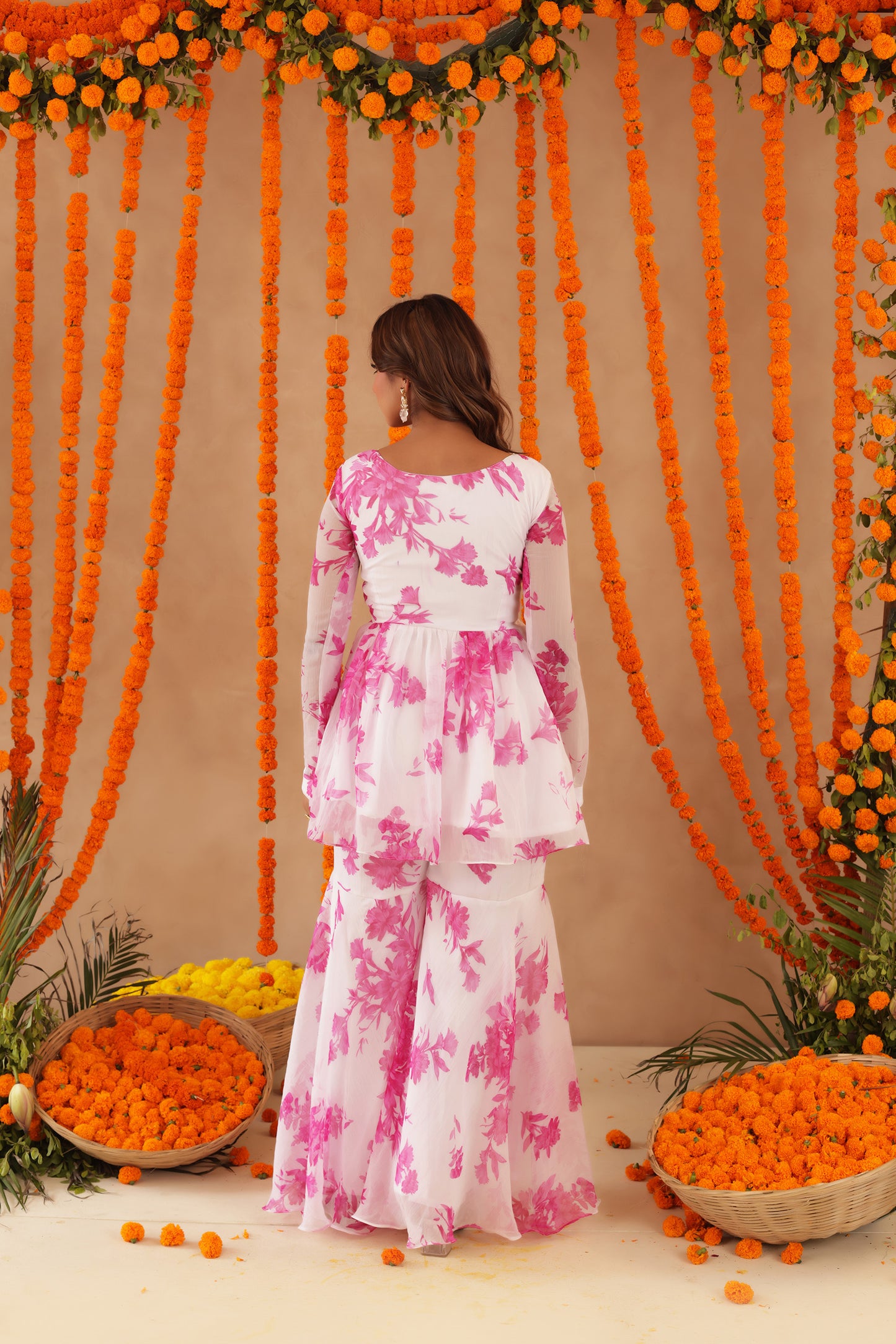 TRISHA WHITE PINK FLORAL SHARARA SET