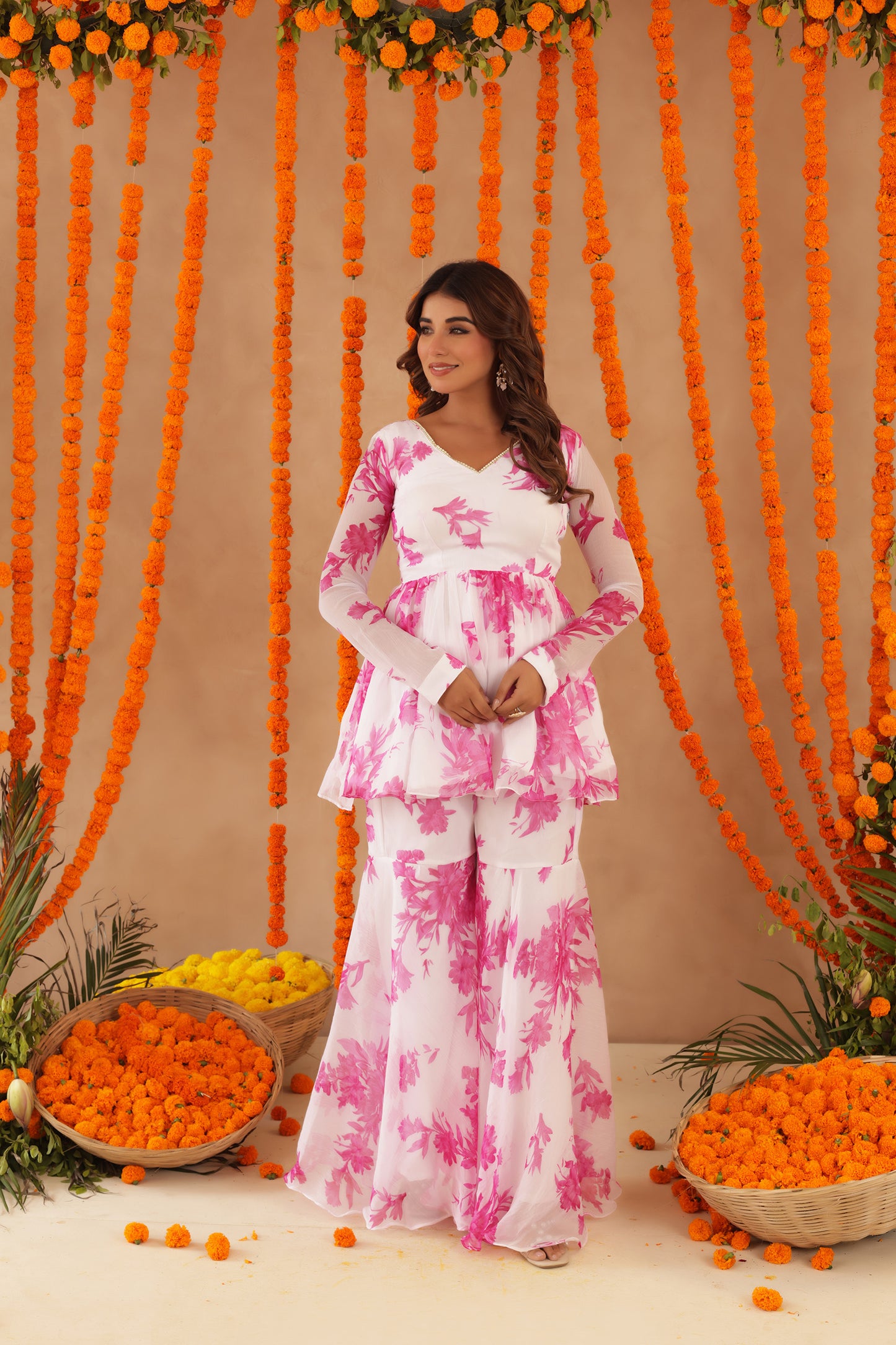 TRISHA WHITE PINK FLORAL SHARARA SET