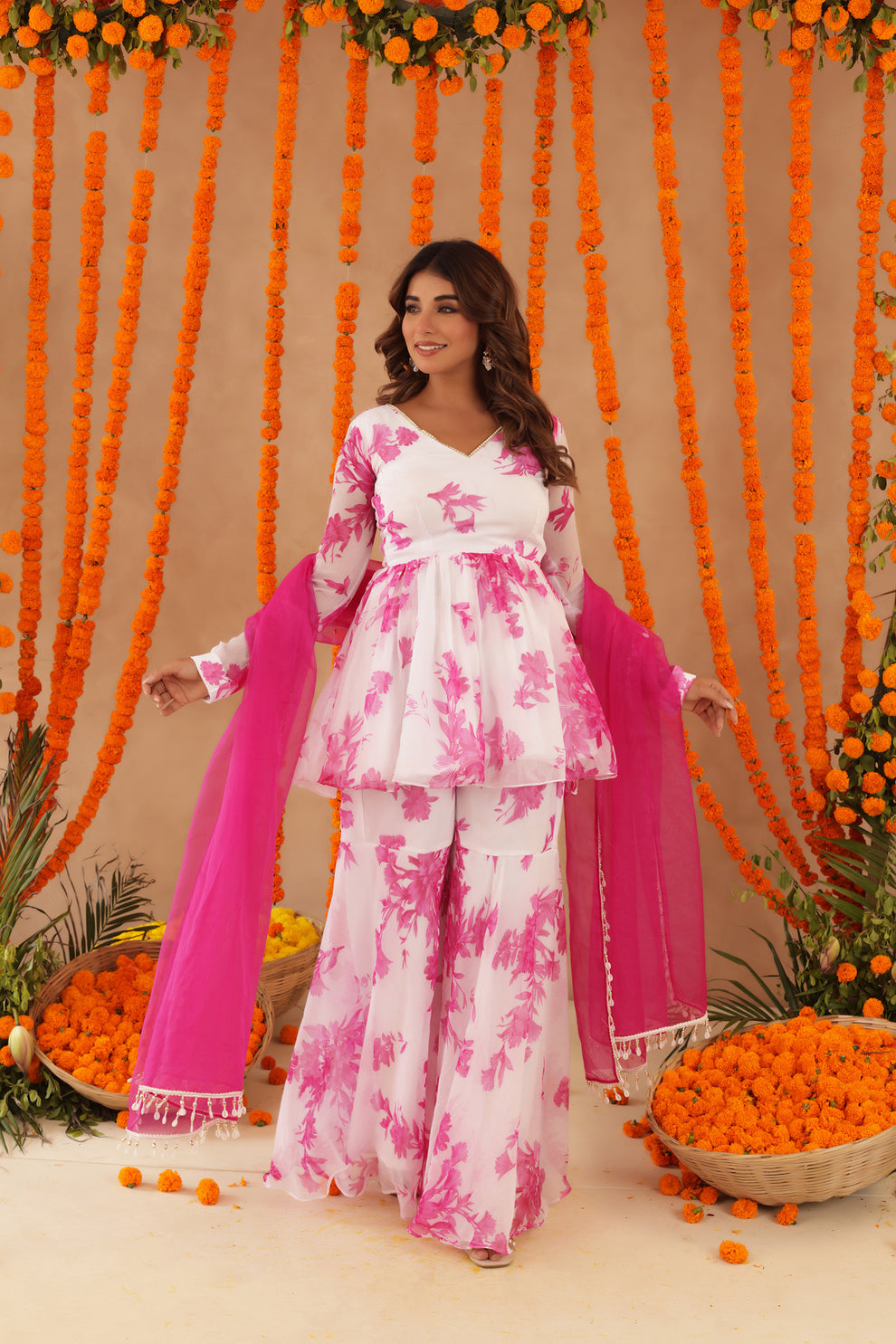 TRISHA WHITE PINK FLORAL SHARARA SET – Deasha India